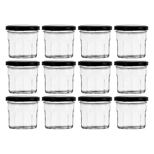 REGENT GLASS FACETED JAR WITH BLACK LID 12 PACK, 150ML
