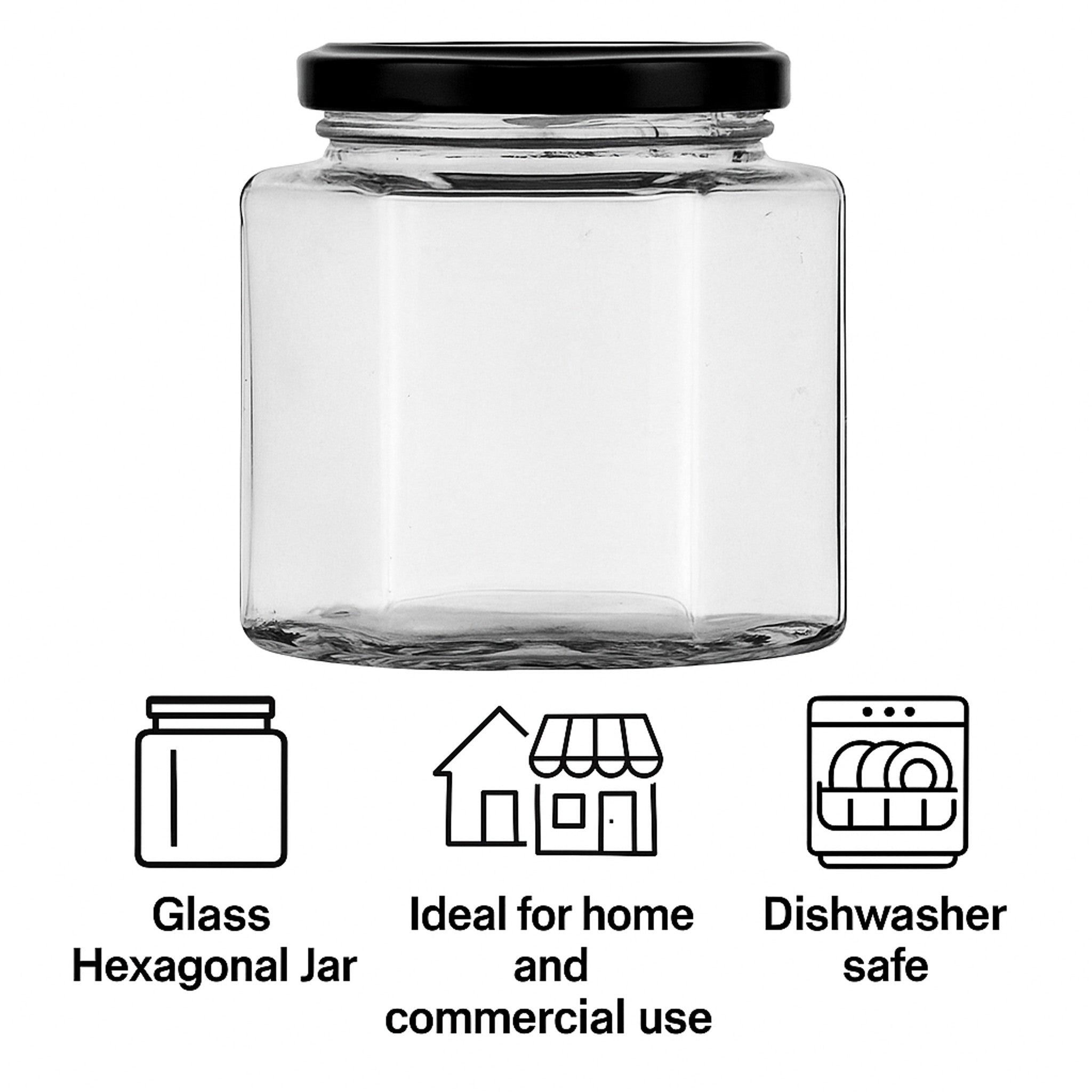 REGENT GLASS HEXAGONAL JARS WITH BLACK LIDS 6PK, 380ML