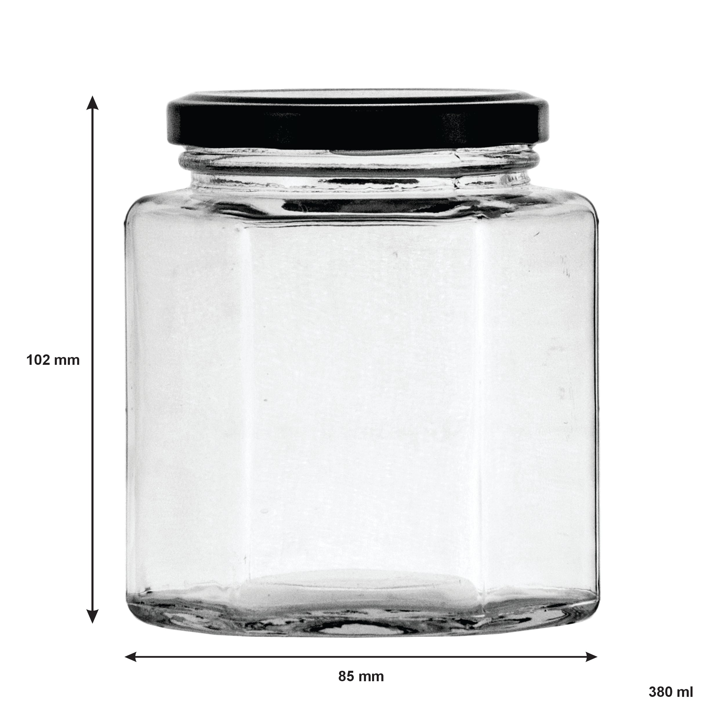 REGENT GLASS HEXAGONAL JARS WITH BLACK LIDS 6PK, 380ML