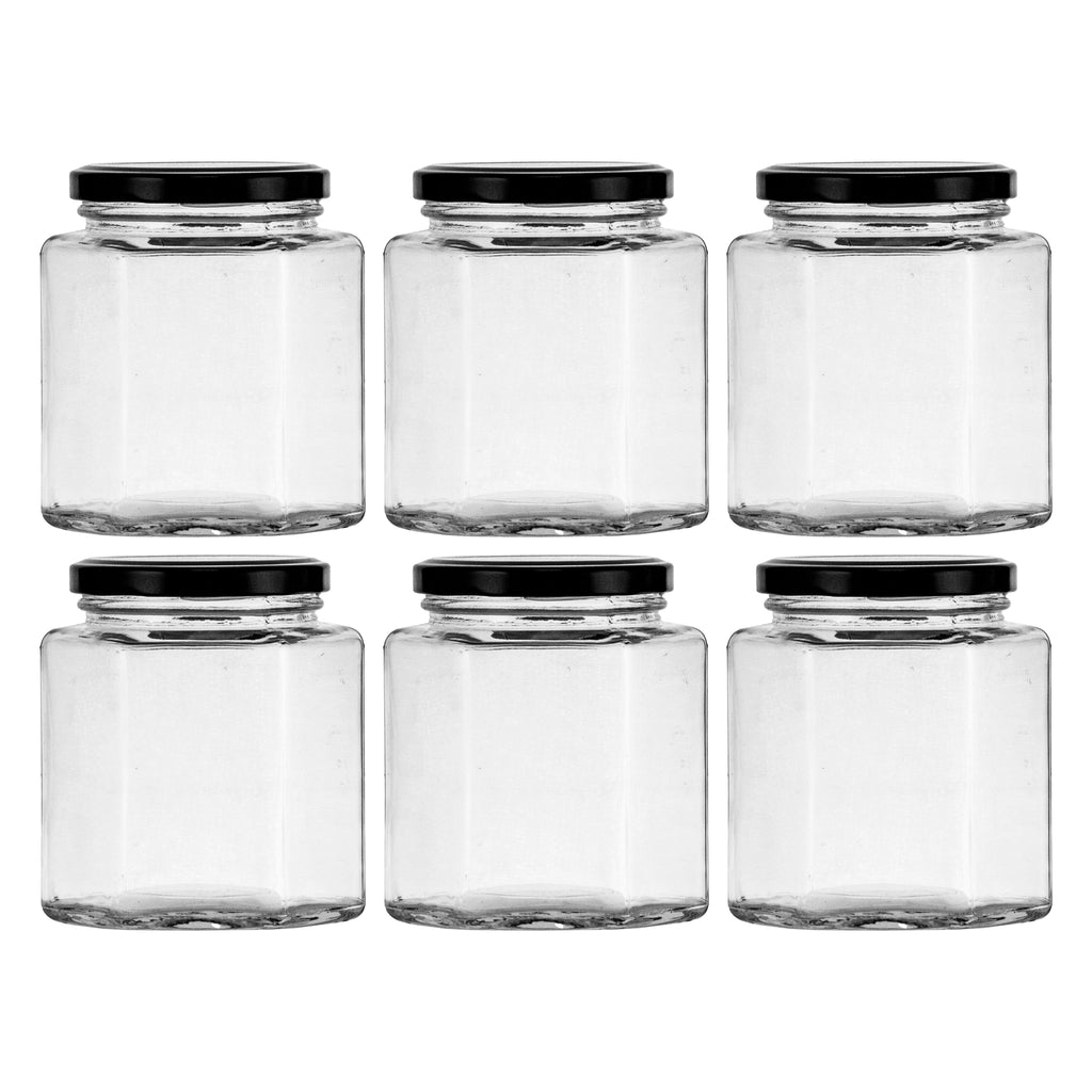 REGENT GLASS HEXAGONAL JARS WITH BLACK LIDS 6PK, 380ML