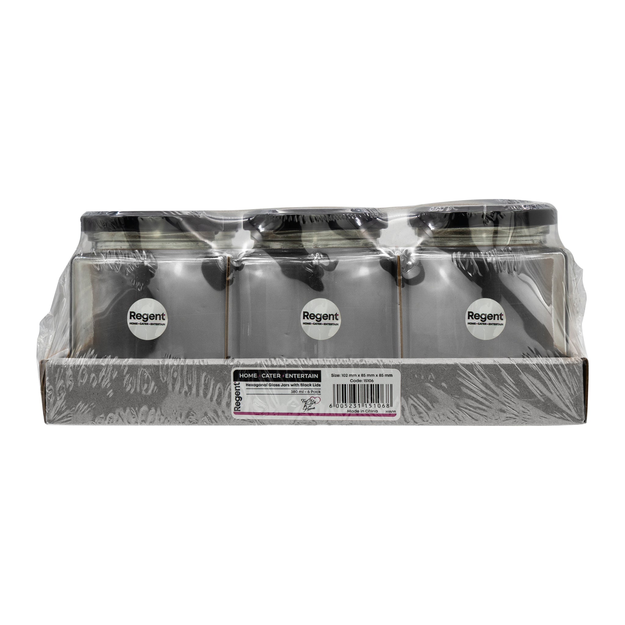 REGENT GLASS HEXAGONAL JARS WITH BLACK LIDS 6PK, 380ML