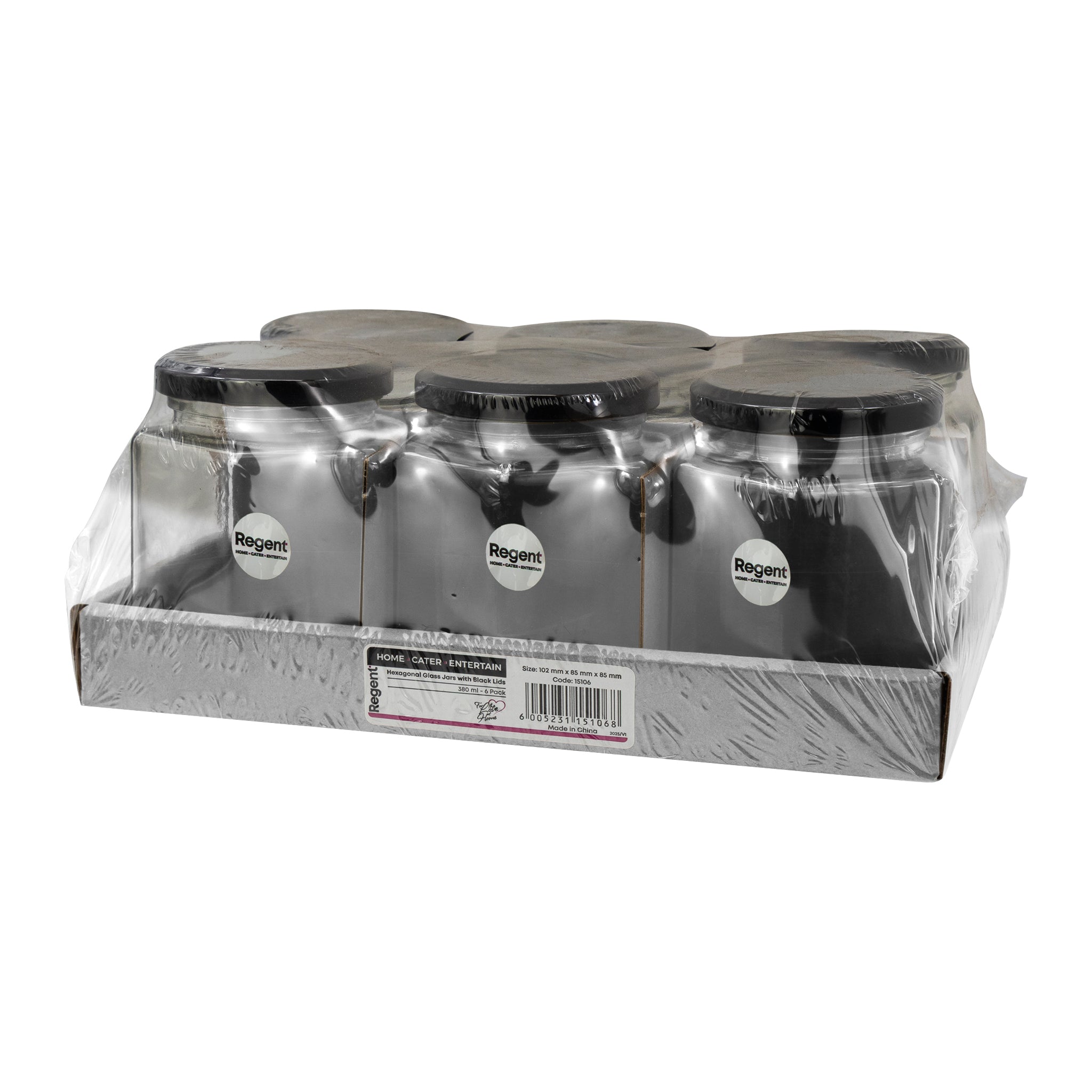 REGENT GLASS HEXAGONAL JARS WITH BLACK LIDS 6PK, 380ML