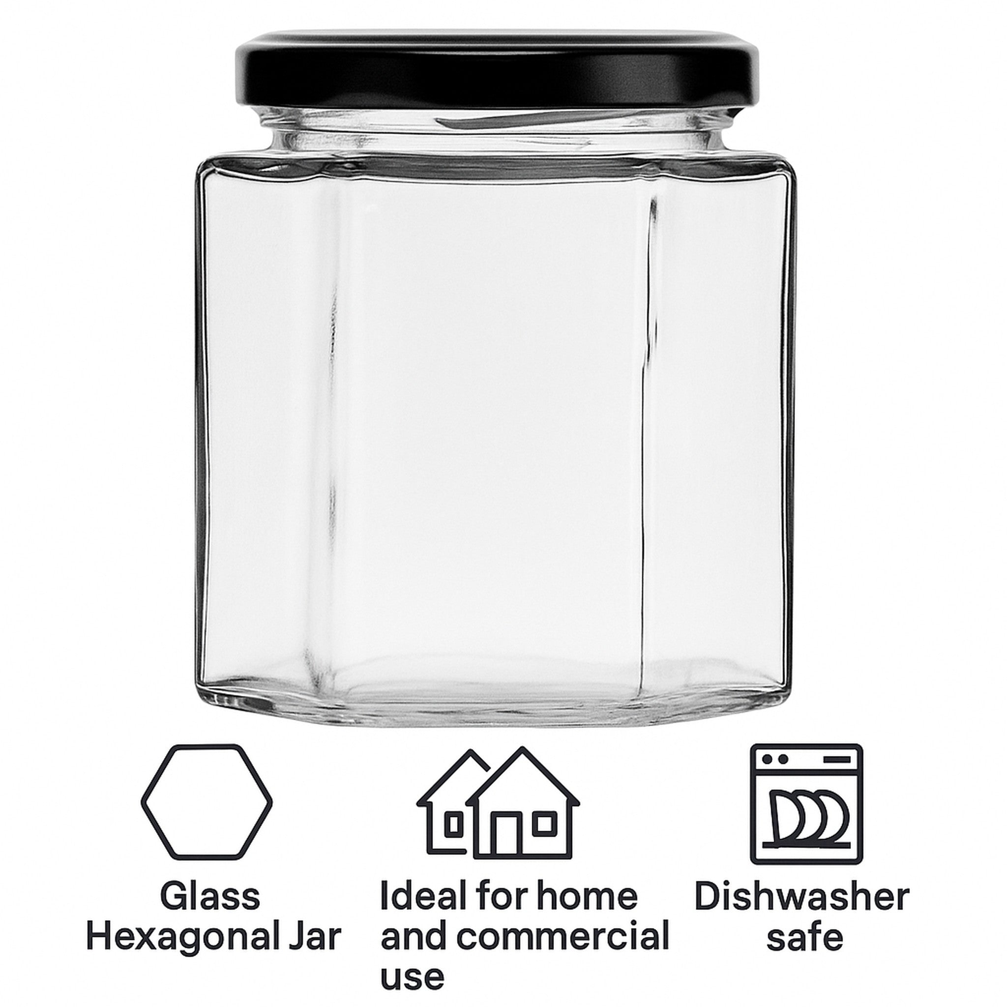 REGENT GLASS HEXAGONAL JARS WITH BLACK LIDS 6PK, 280ML