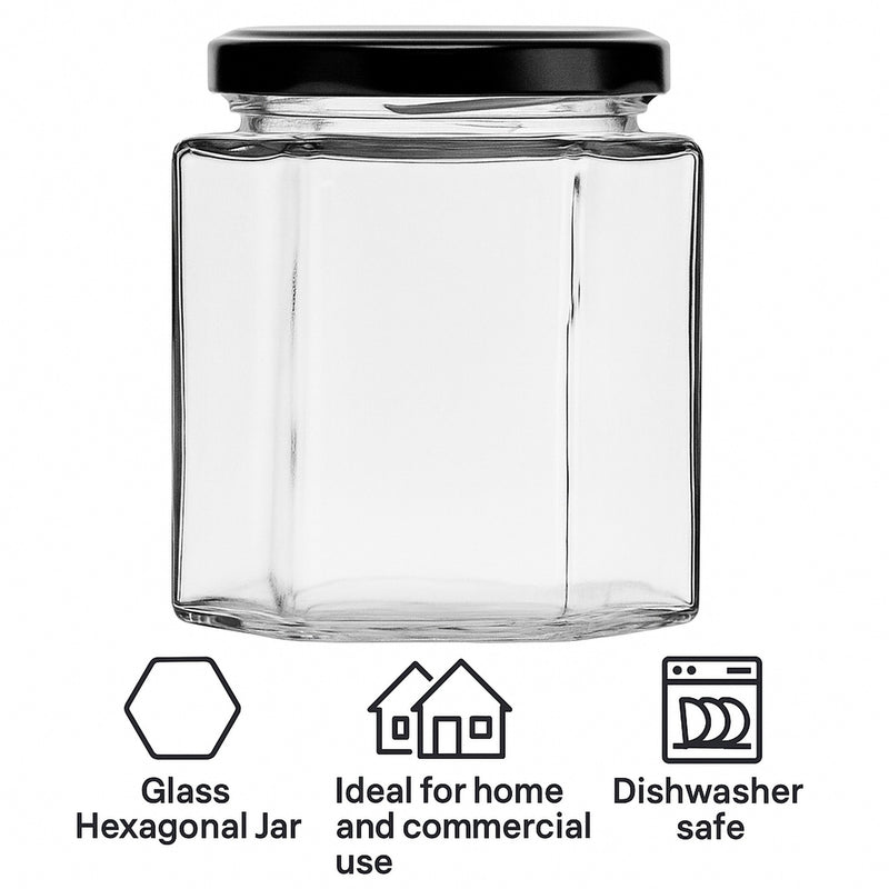 REGENT GLASS HEXAGONAL JAR WITH BLACK LID 6PK, 280ML
