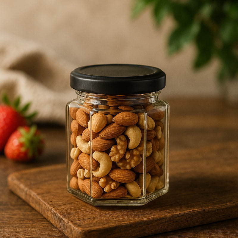 REGENT GLASS HEXAGONAL JAR WITH BLACK LID 6PK, 280ML