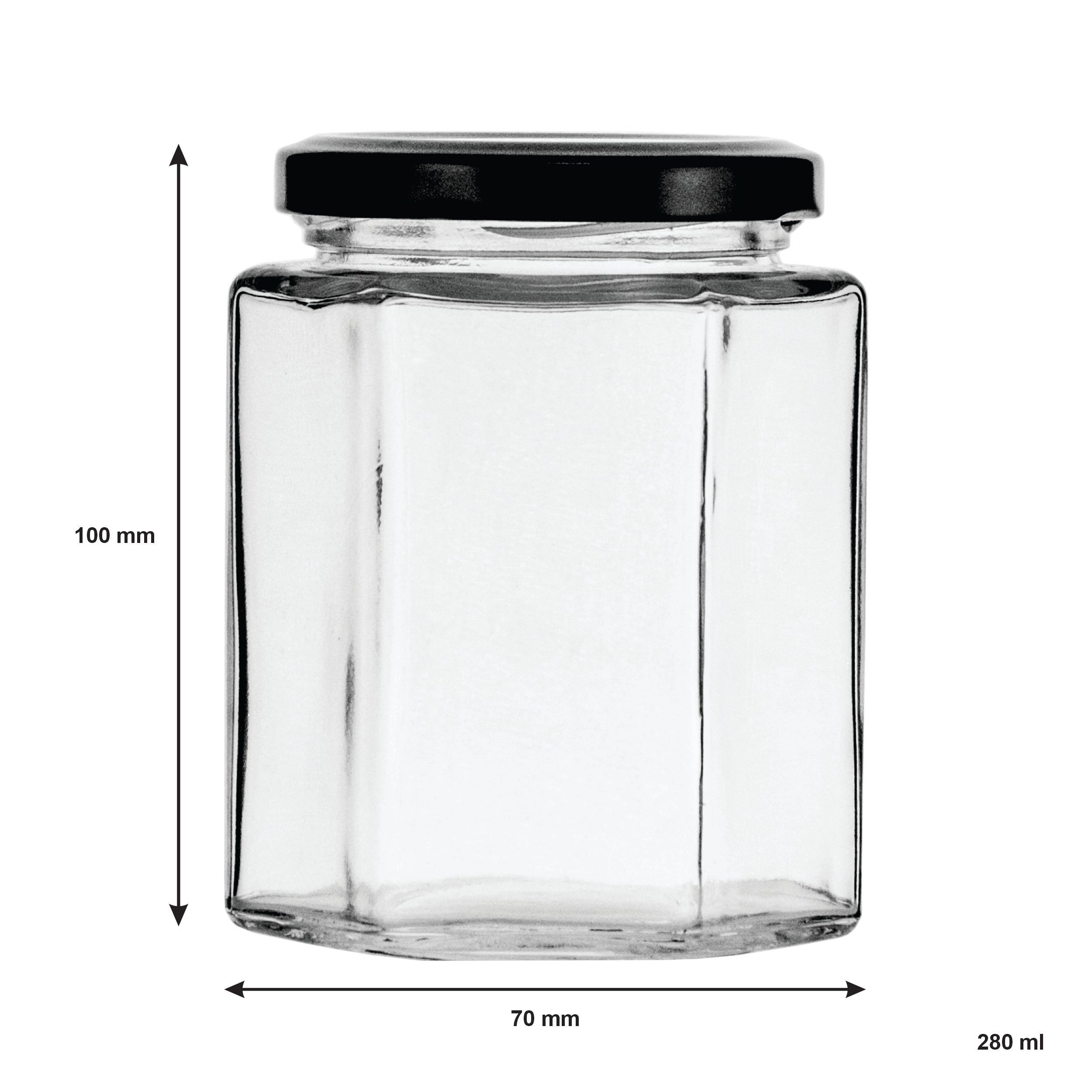 REGENT GLASS HEXAGONAL JARS WITH BLACK LIDS 6PK, 280ML