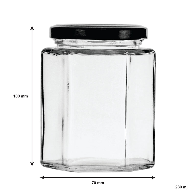 REGENT GLASS HEXAGONAL JAR WITH BLACK LID 6PK, 280ML