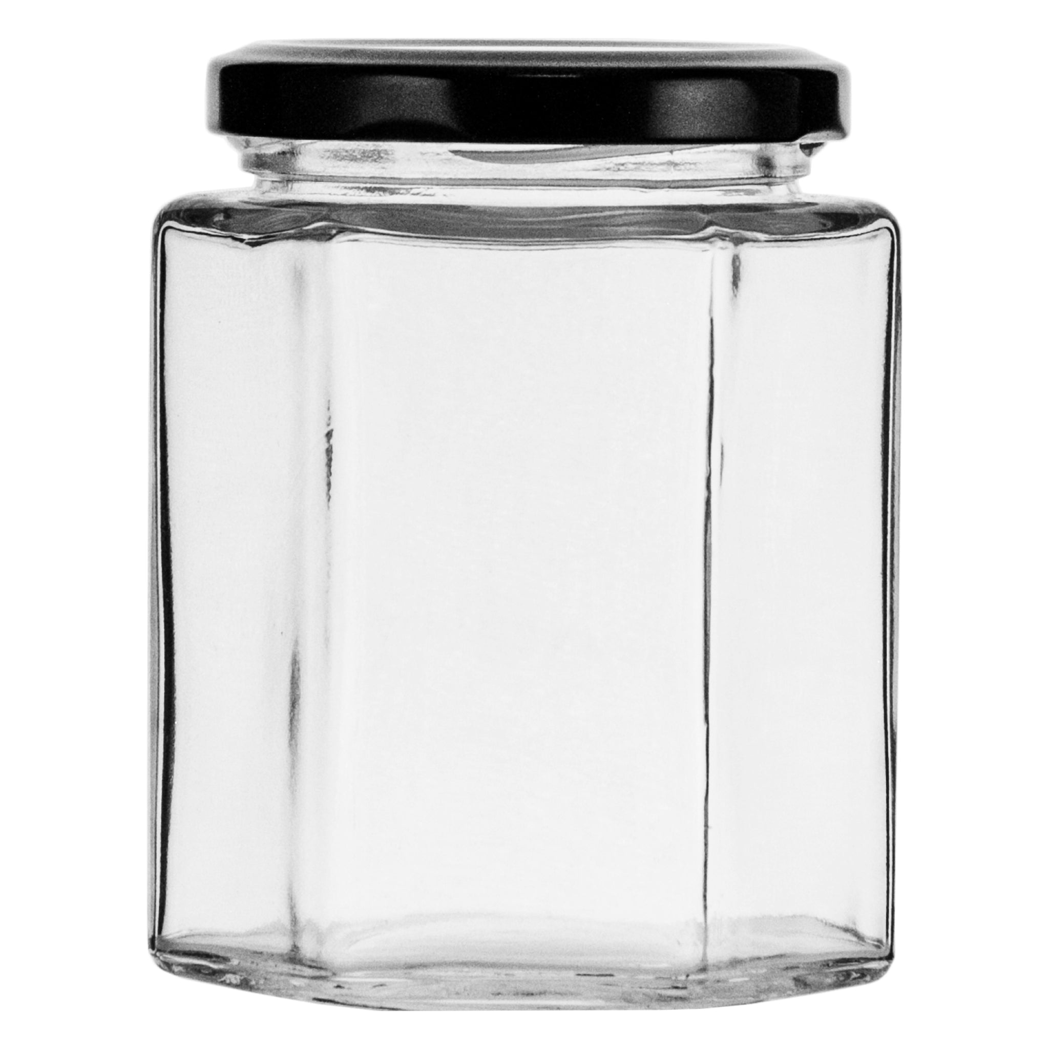 REGENT GLASS HEXAGONAL JARS WITH BLACK LIDS 6PK, 280ML