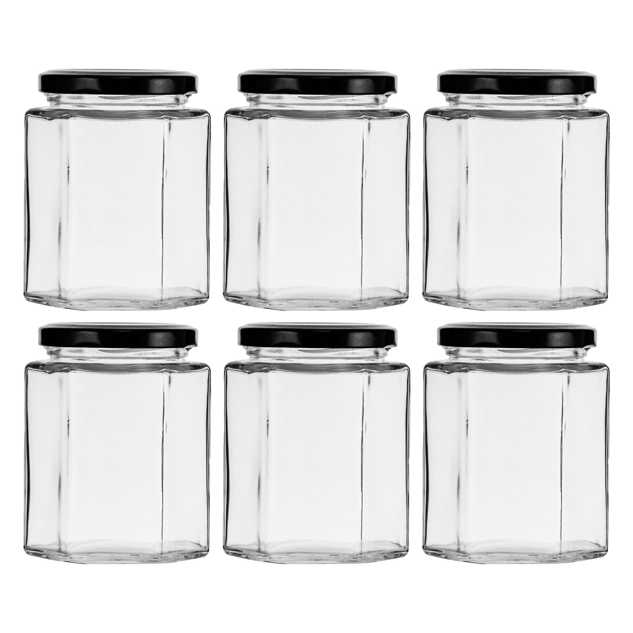 REGENT GLASS HEXAGONAL JARS WITH BLACK LIDS 6PK, 280ML