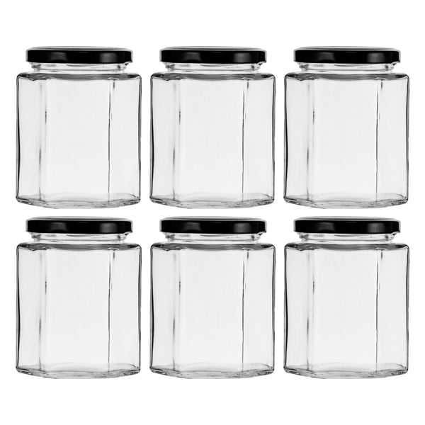 REGENT GLASS HEXAGONAL JAR WITH BLACK LID 6 PACK, 280ML
