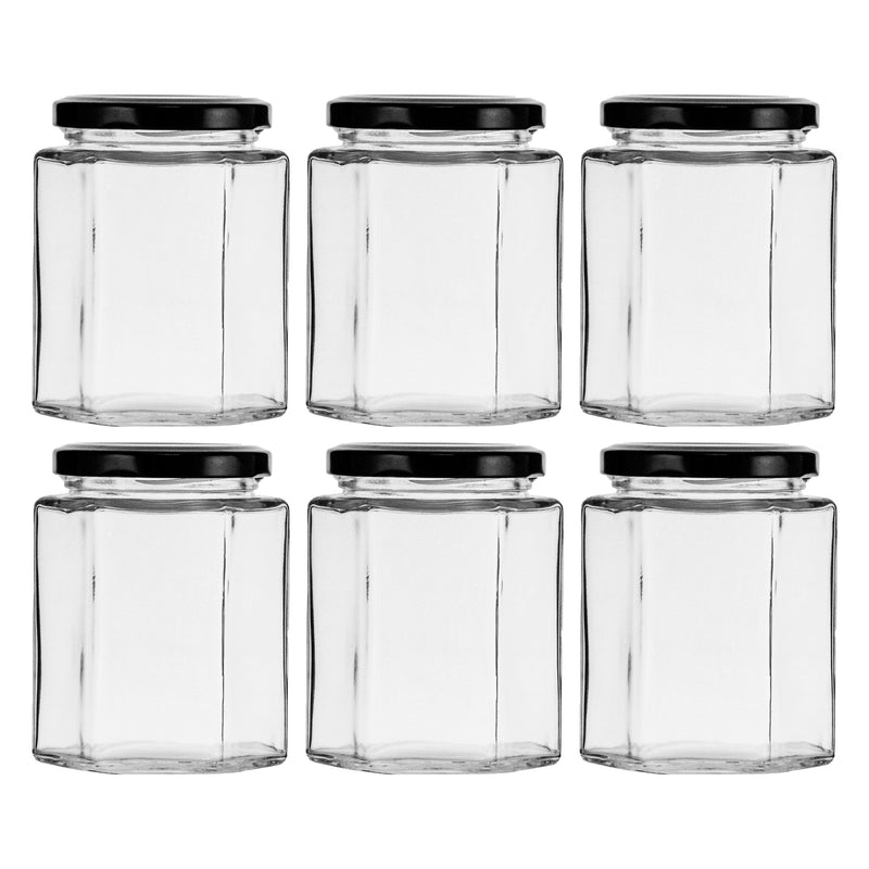 REGENT GLASS HEXAGONAL JAR WITH BLACK LID 6PK, 280ML