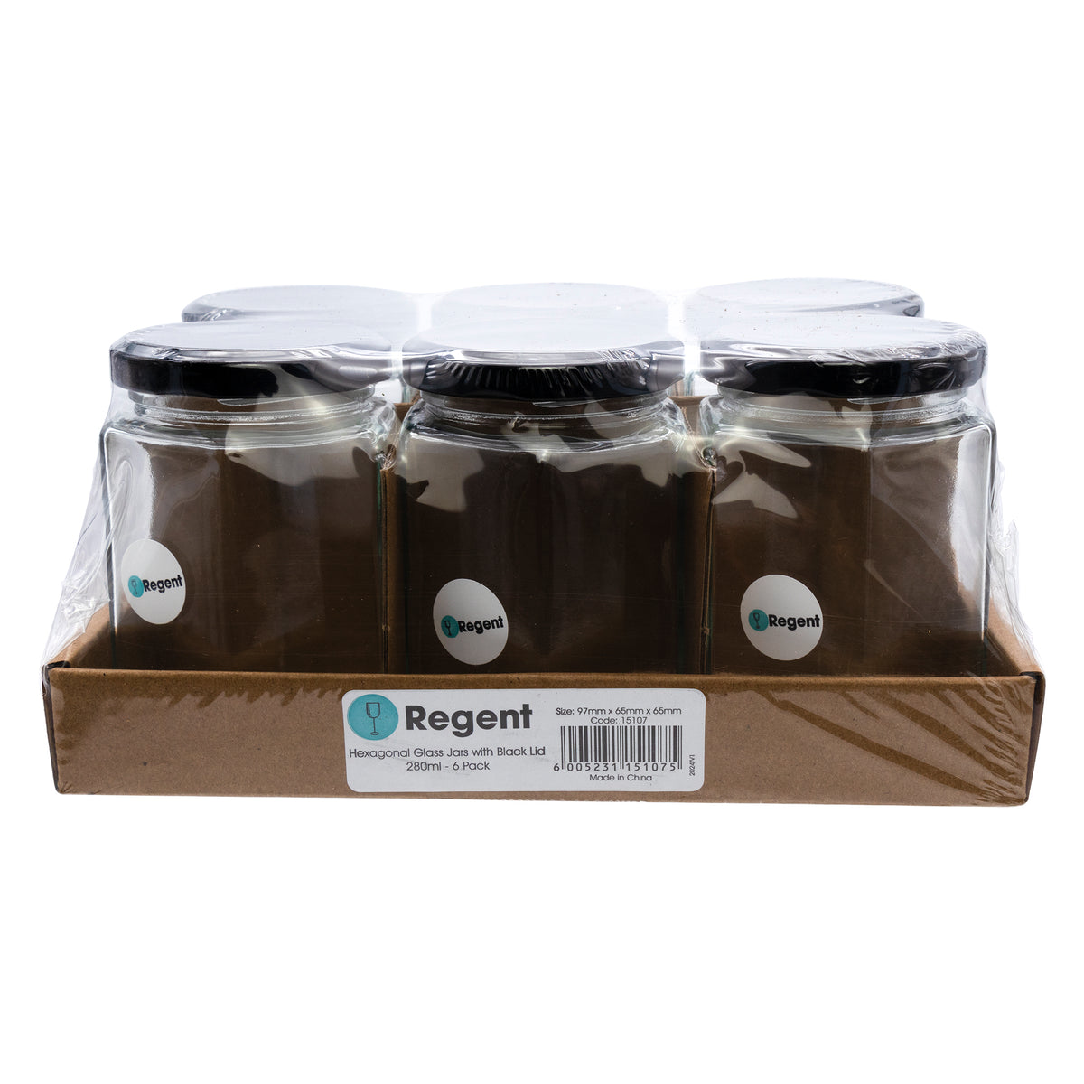 REGENT GLASS HEXAGONAL JARS WITH BLACK LIDS 6PK, 280ML