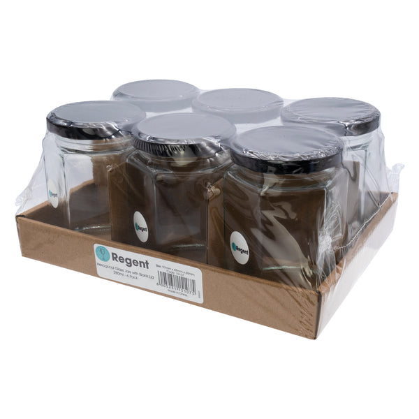 REGENT GLASS HEXAGONAL JAR WITH BLACK LID 6 PACK, 280ML (100X70X70MM)