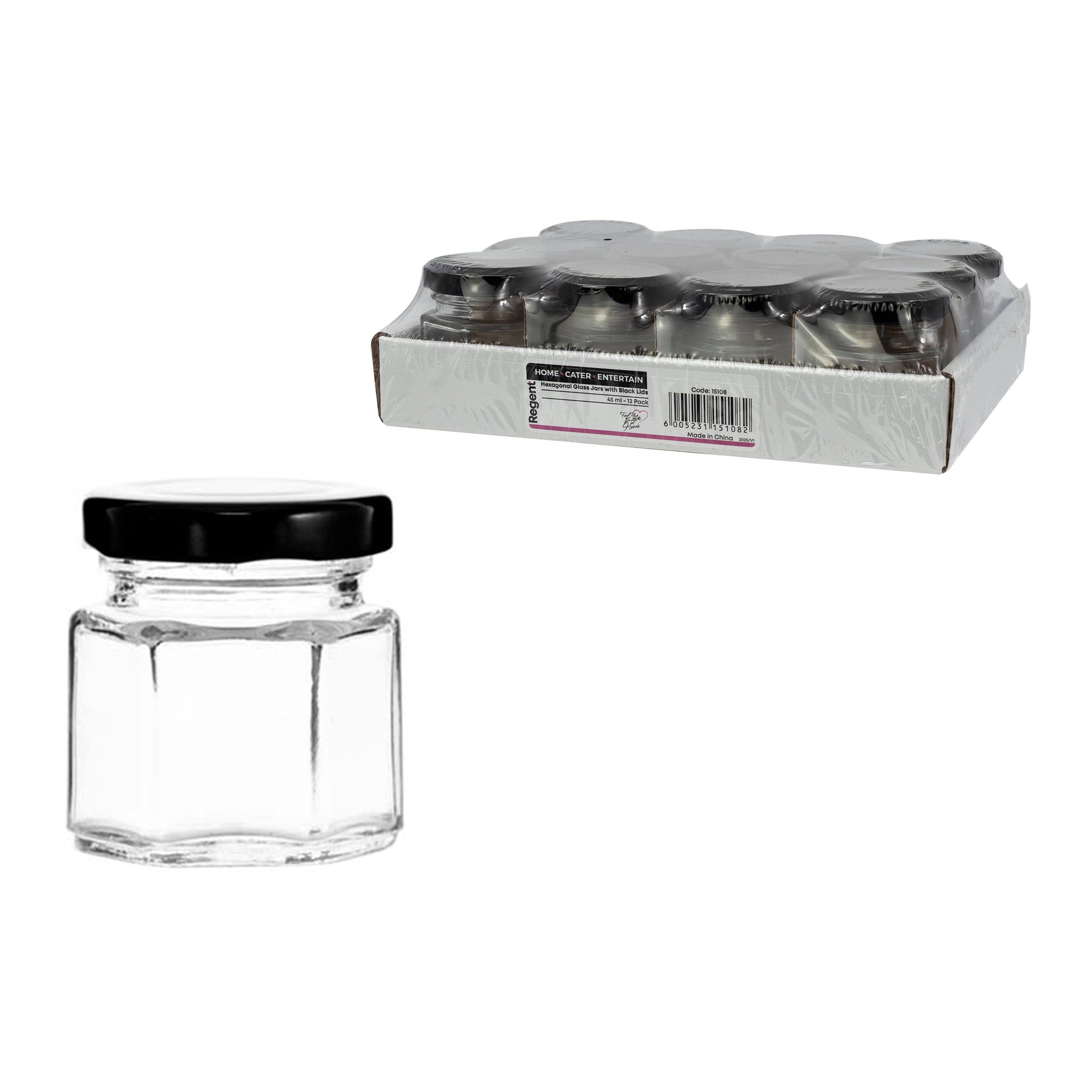 REGENT GLASS HEXAGONAL JARS WITH BLACK LIDS 12PK, 45ML