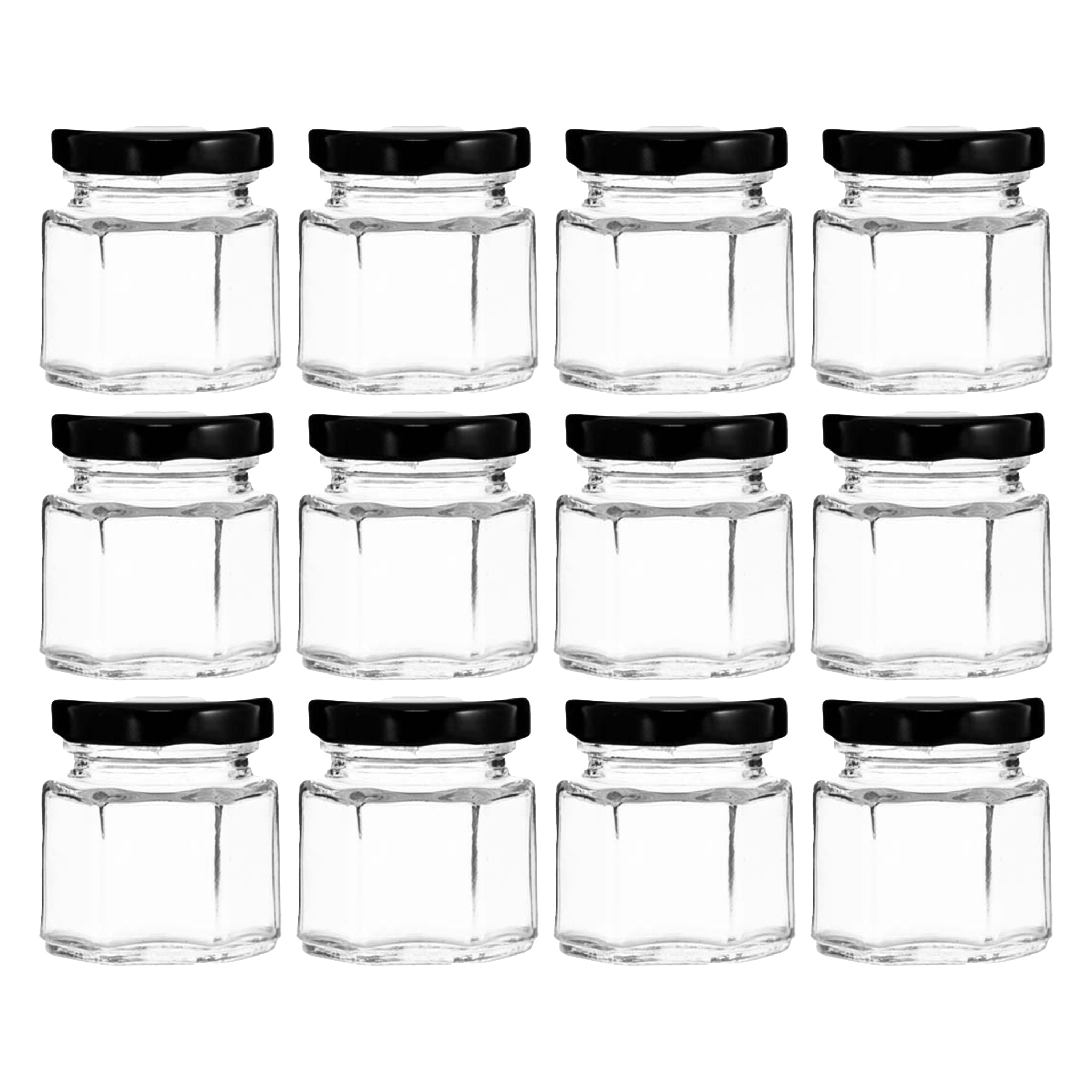 REGENT GLASS HEXAGONAL JARS WITH BLACK LIDS 12PK, 45ML