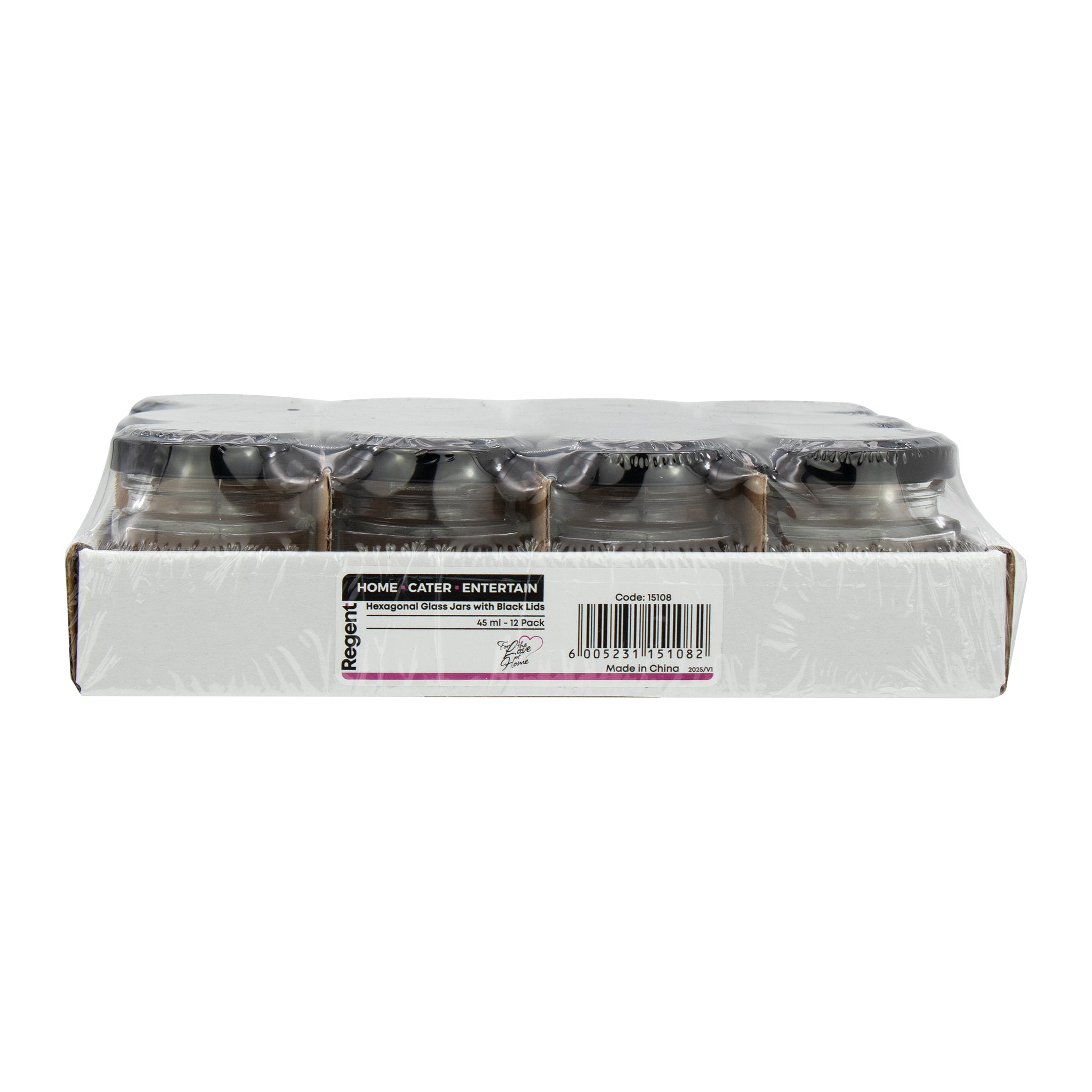 REGENT GLASS HEXAGONAL JARS WITH BLACK LIDS 12PK, 45ML