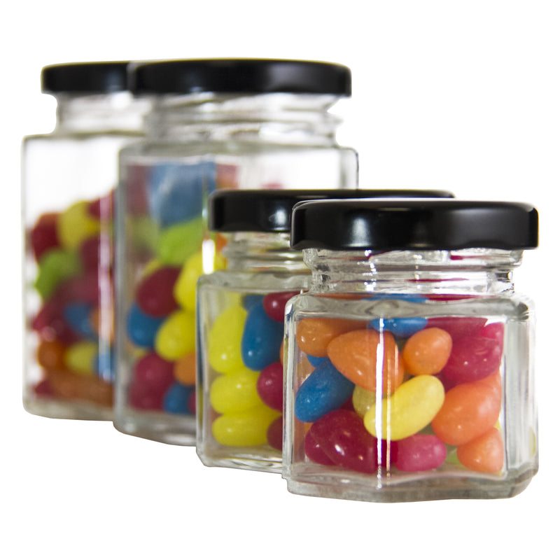 REGENT GLASS HEXAGONAL JAR WITH BLACK LID 6 PACK, 200ML (85X65X65MM)
