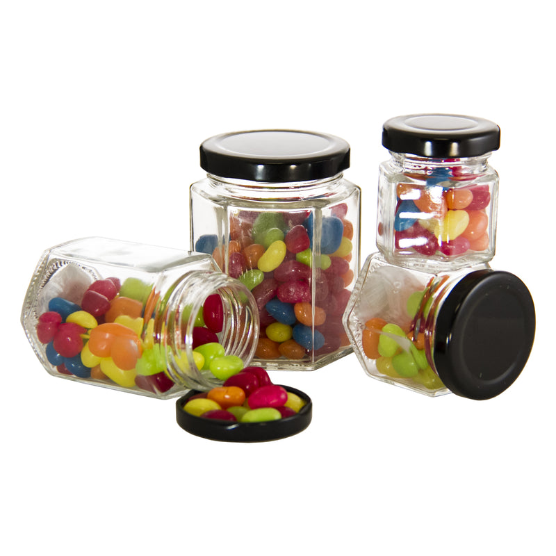 REGENT GLASS HEXAGONAL JAR WITH BLACK LID 6 PACK, 200ML (85X65X65MM)