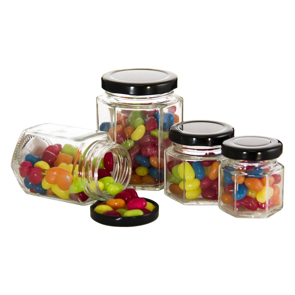 REGENT GLASS HEXAGONAL JARS WITH BLACK LIDS 6PK, 200ML