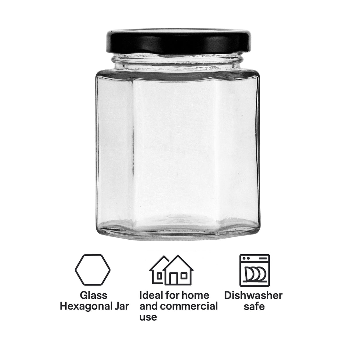 REGENT GLASS HEXAGONAL JARS WITH BLACK LIDS 6PK, 200ML