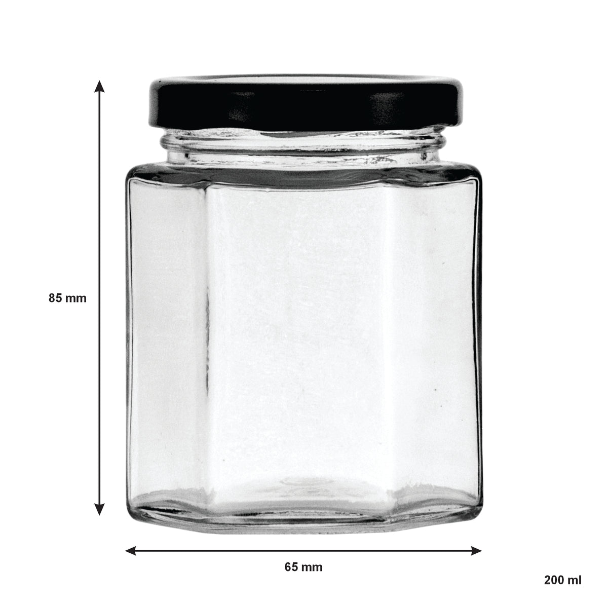 REGENT GLASS HEXAGONAL JARS WITH BLACK LIDS 6PK, 200ML