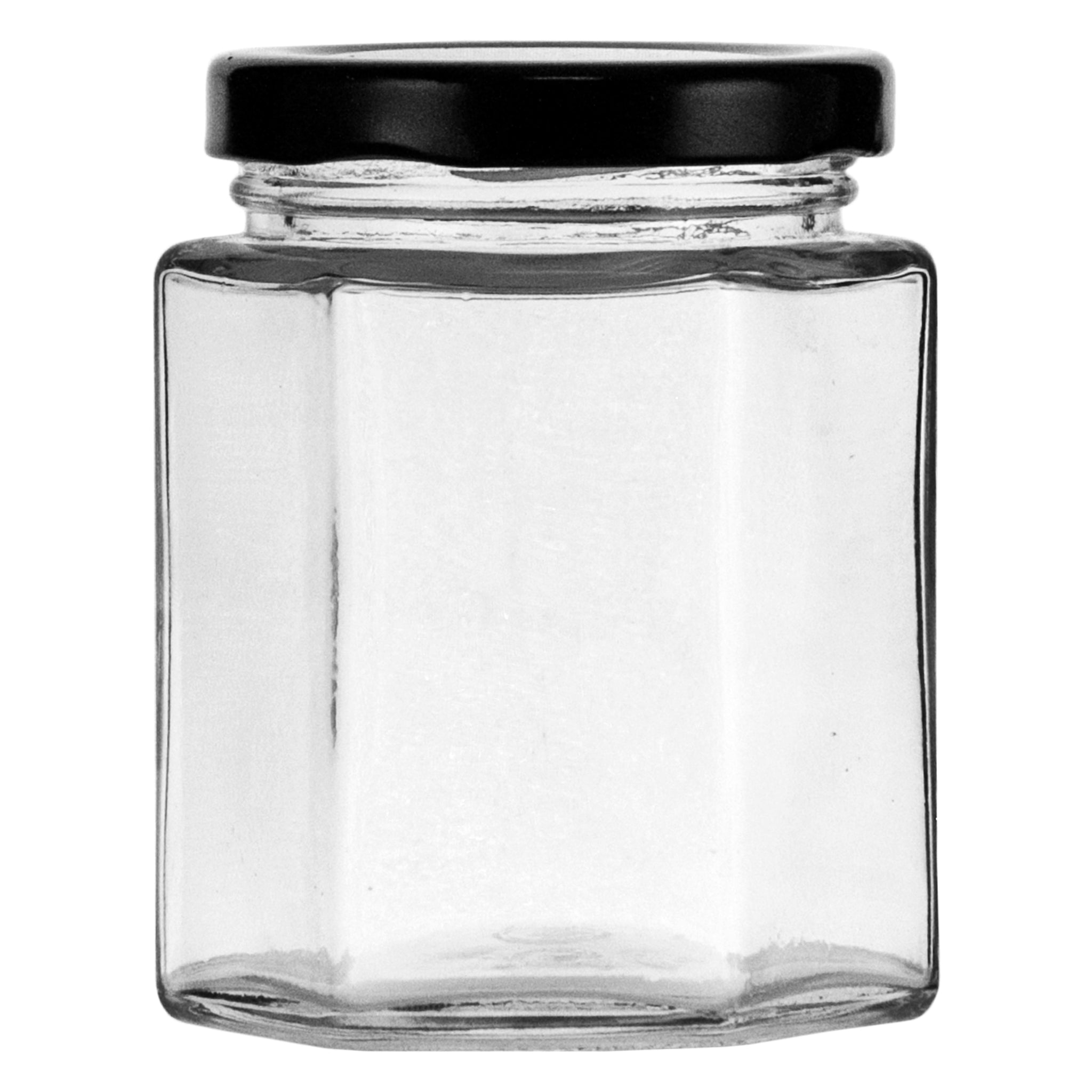 REGENT GLASS HEXAGONAL JARS WITH BLACK LIDS 6PK, 200ML