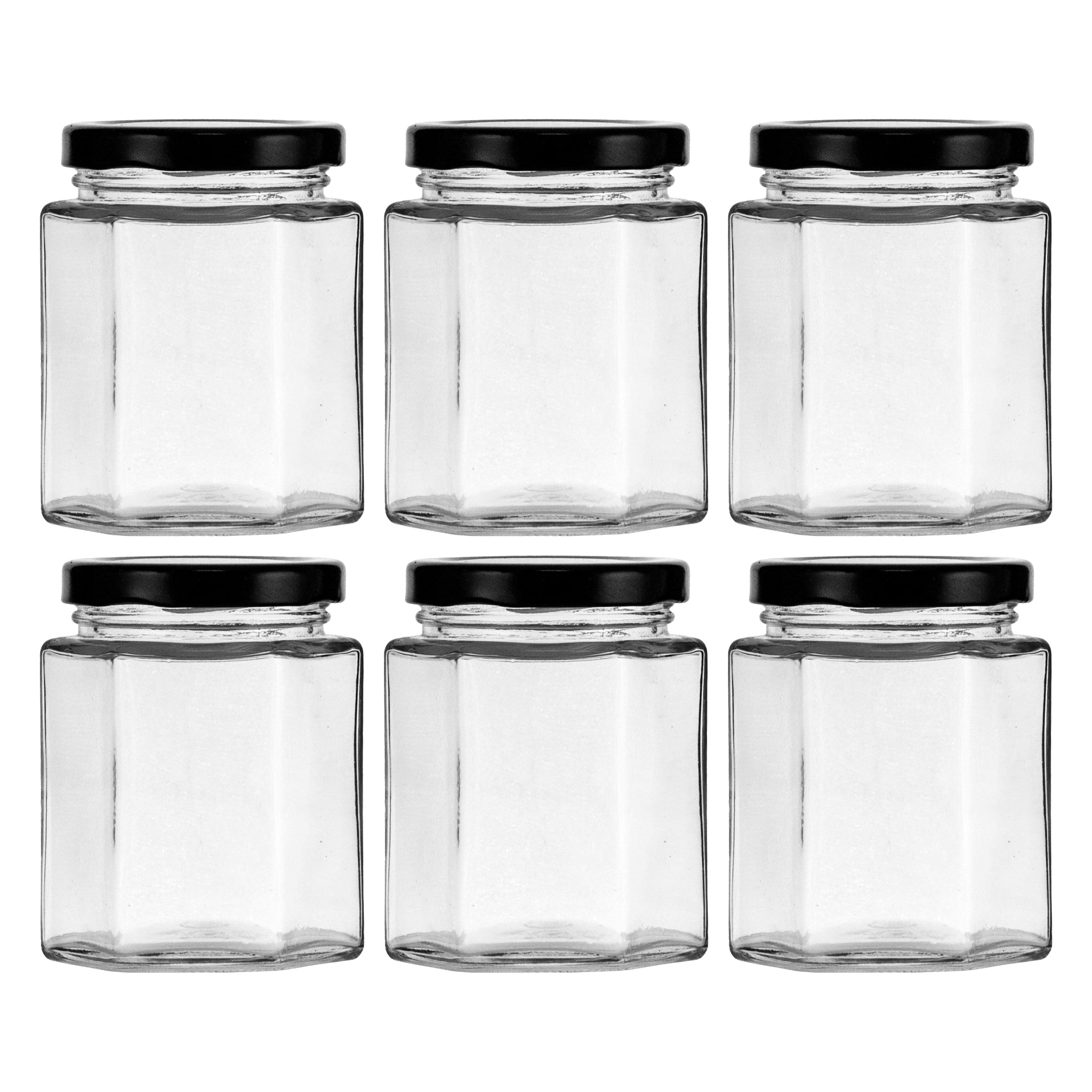 REGENT GLASS HEXAGONAL JARS WITH BLACK LIDS 6PK, 200ML