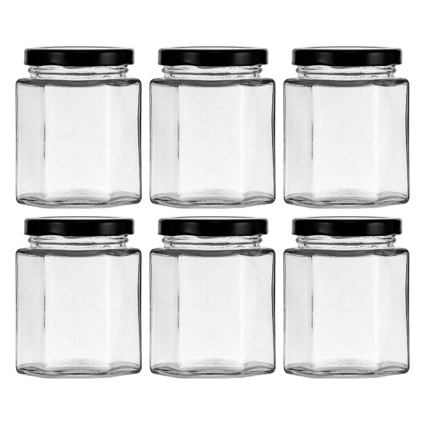 REGENT GLASS HEXAGONAL JAR WITH BLACK LID 6 PACK, 200ML