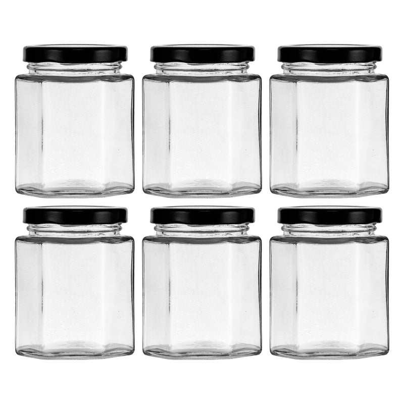REGENT GLASS HEXAGONAL JAR WITH BLACK LID 6 PACK, 200ML (85X65X65MM)