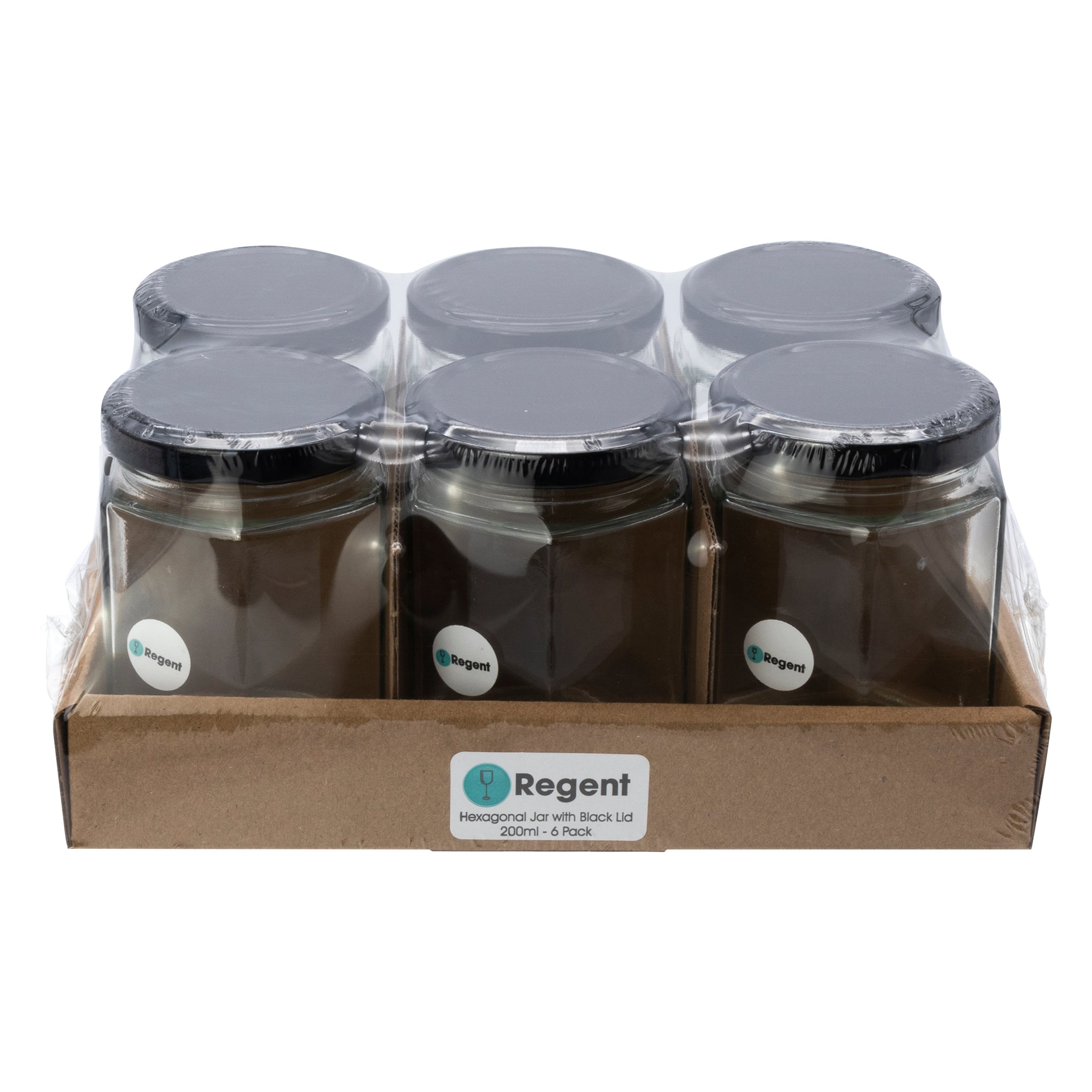 REGENT GLASS HEXAGONAL JARS WITH BLACK LIDS 6PK, 200ML