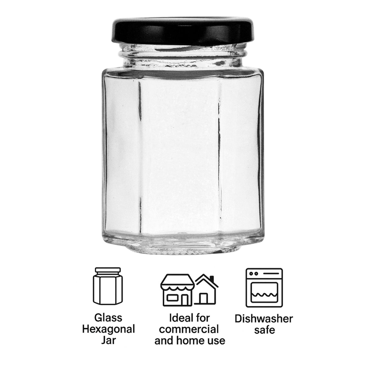 REGENT GLASS HEXAGONAL JARS WITH BLACK LIDS 12PK, 130ML