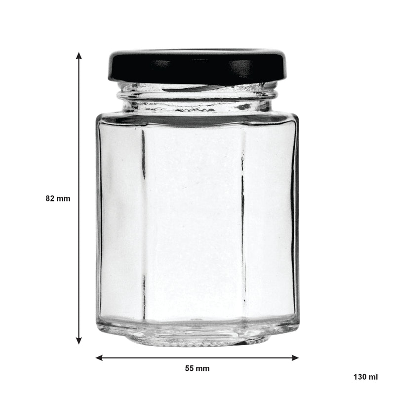REGENT GLASS HEXAGONAL JAR WITH BLACK LID 12 PACK, 130ML