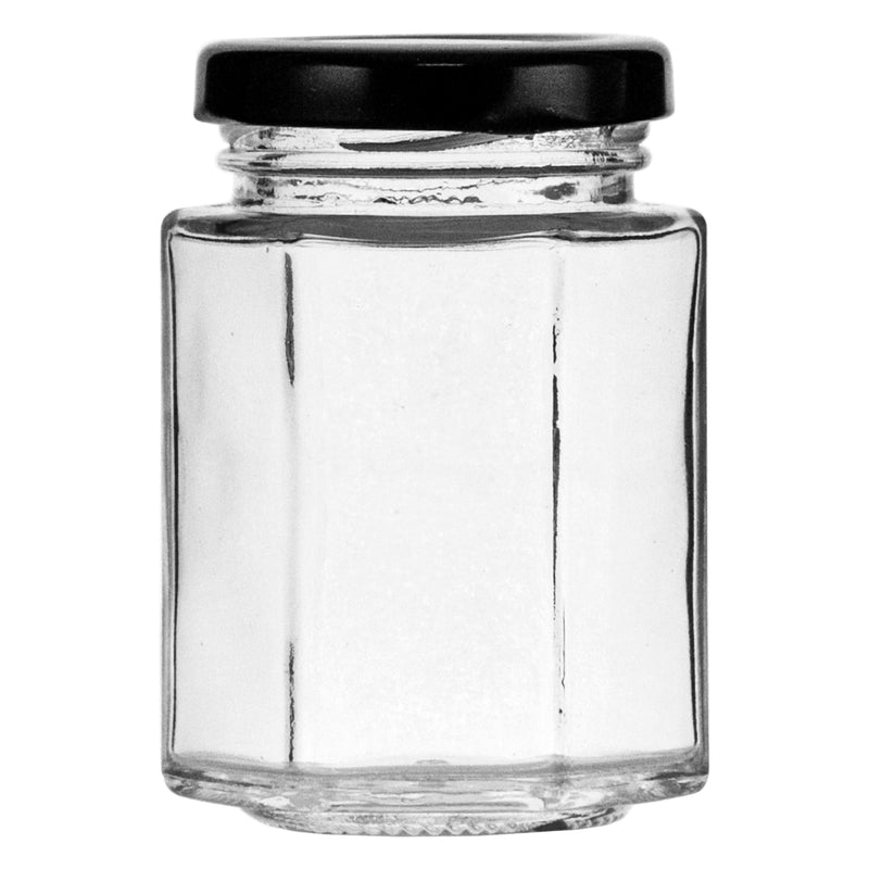 REGENT GLASS HEXAGONAL JAR WITH BLACK LID 12 PACK, 130ML