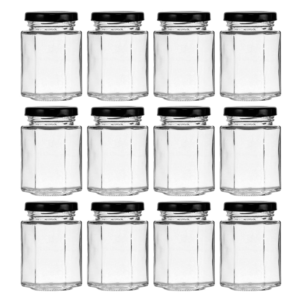 REGENT GLASS HEXAGONAL JARS WITH BLACK LIDS 12PK, 130ML