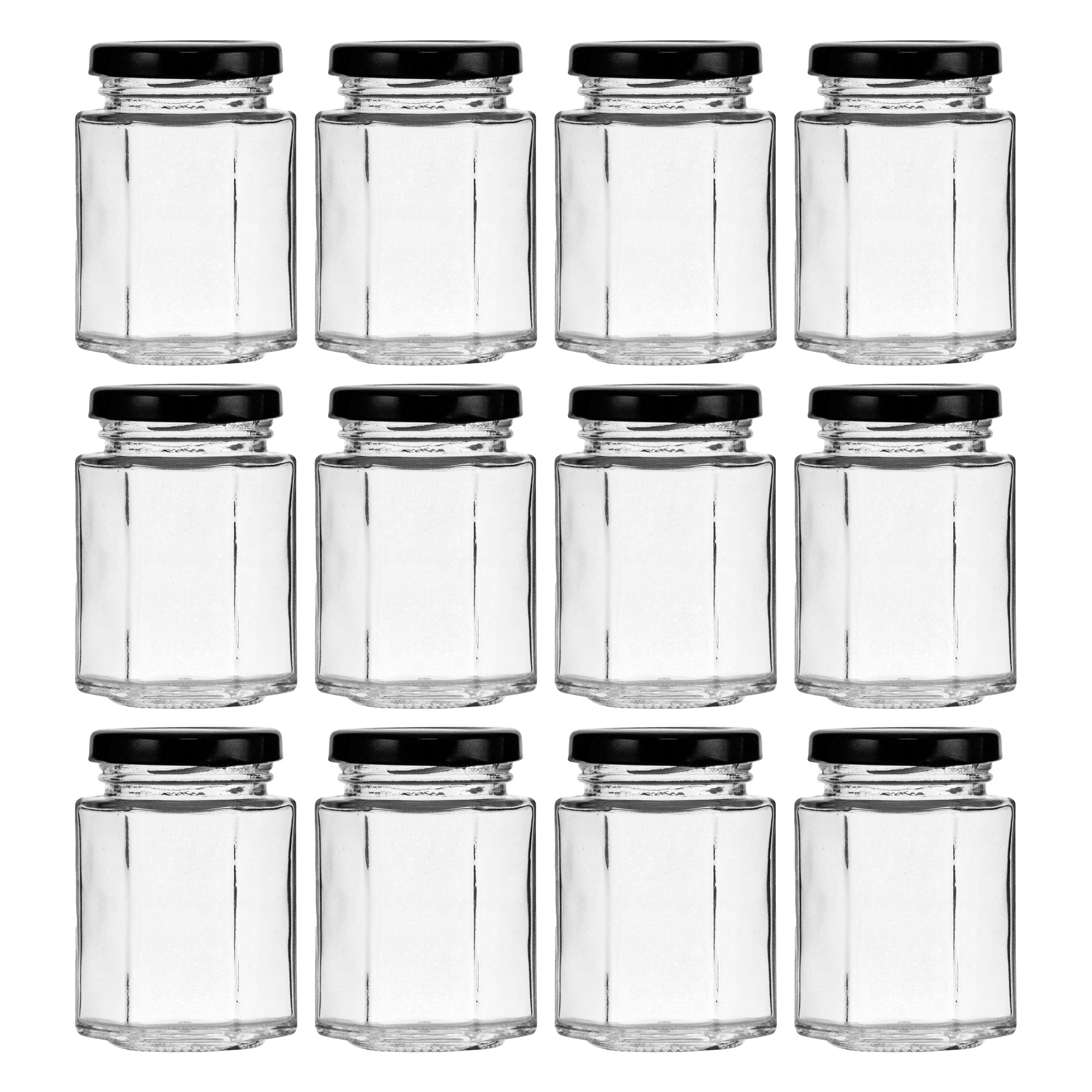 REGENT GLASS HEXAGONAL JARS WITH BLACK LIDS 12PK, 130ML