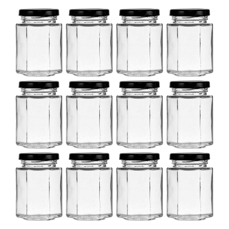 REGENT GLASS HEXAGONAL JAR WITH BLACK LID 12 PACK, 130ML