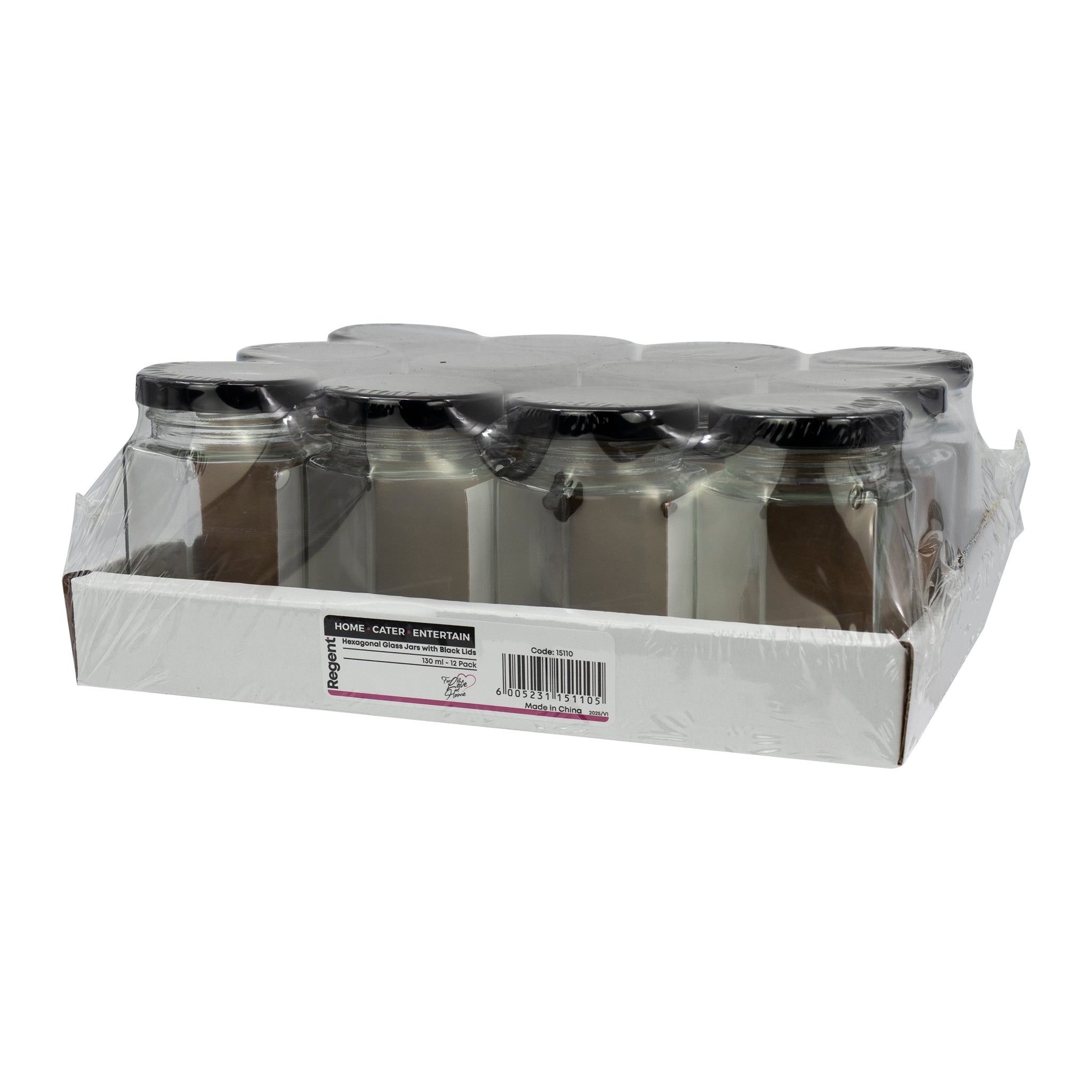 REGENT GLASS HEXAGONAL JARS WITH BLACK LIDS 12PK, 130ML