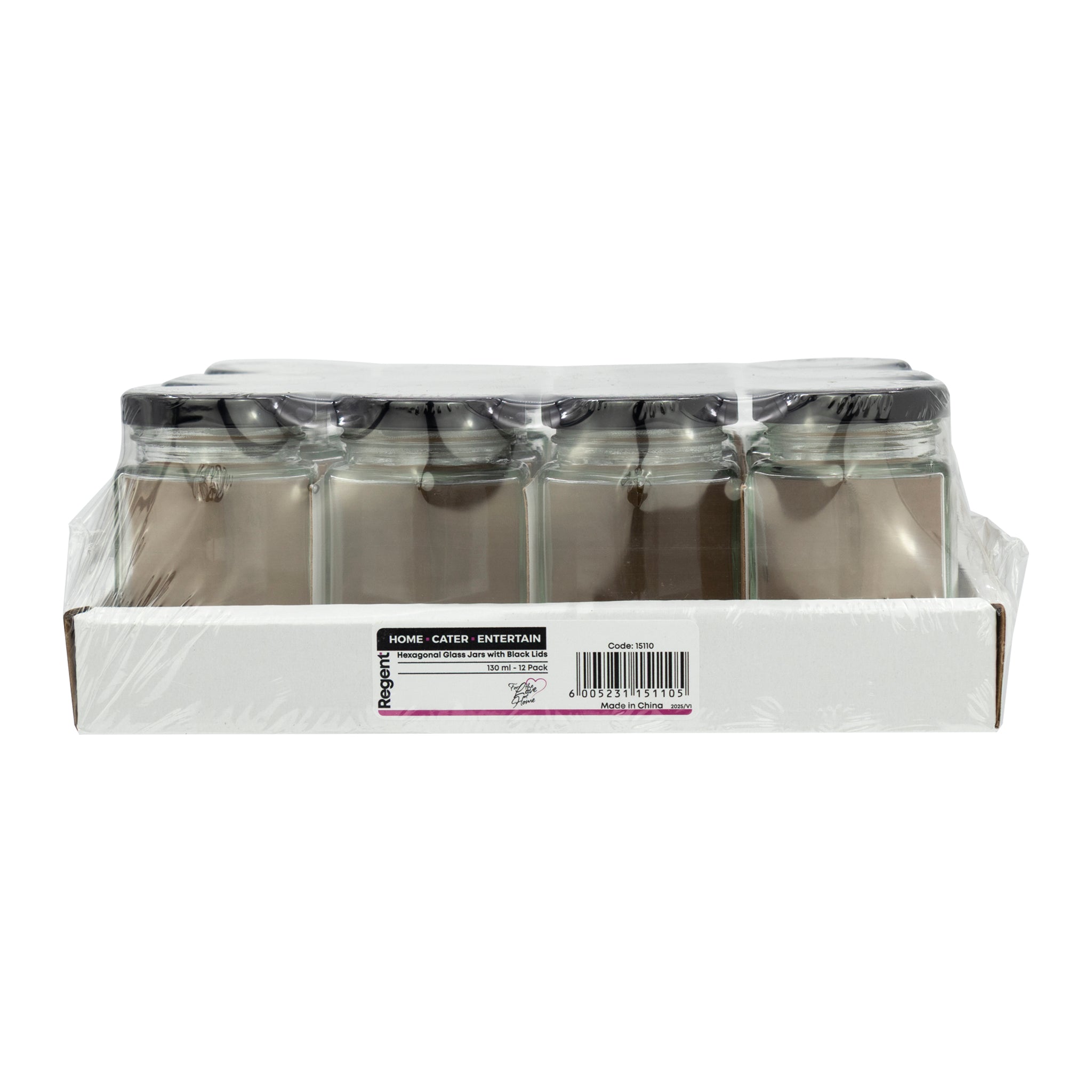 REGENT GLASS HEXAGONAL JARS WITH BLACK LIDS 12PK, 130ML