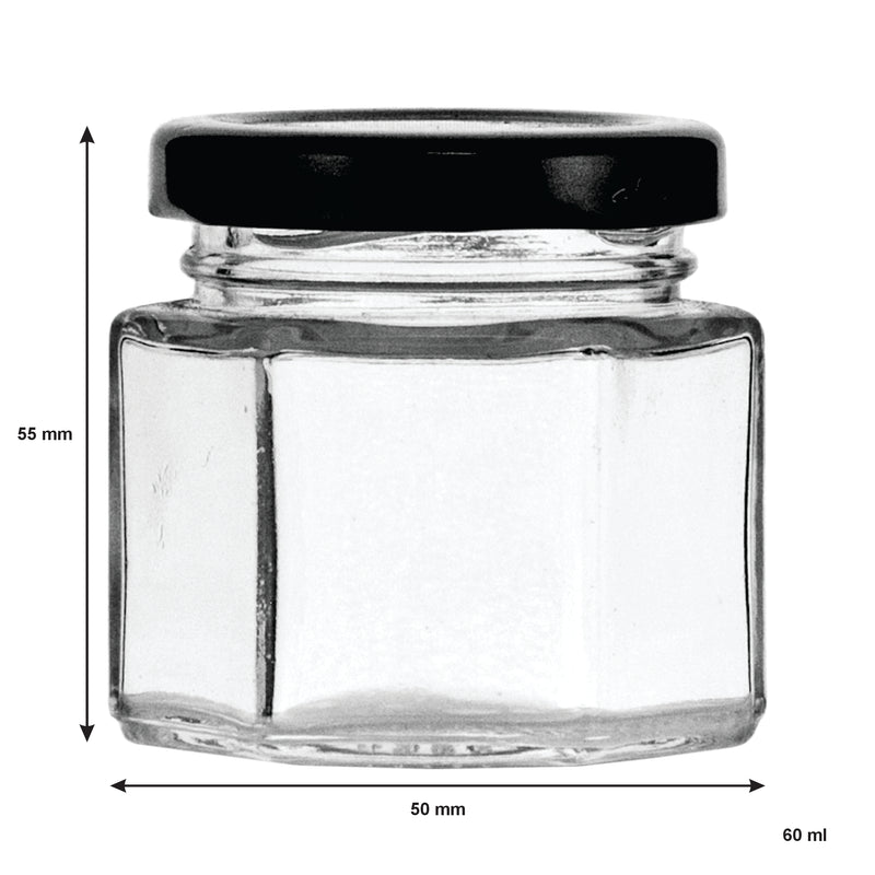 REGENT GLASS HEXAGONAL JAR WITH BLACK LID 12 PACK, 60ML