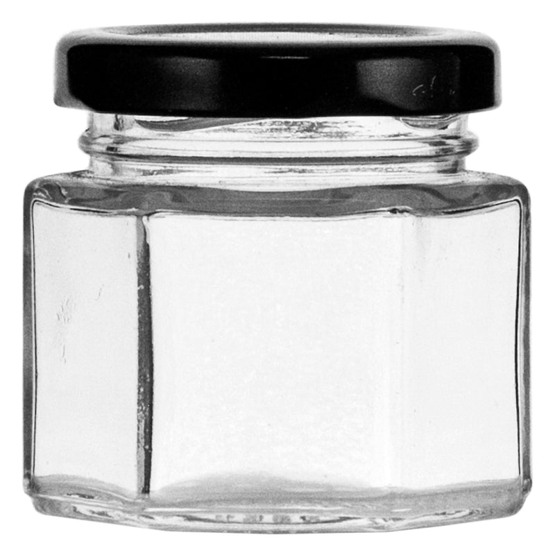 REGENT GLASS HEXAGONAL JAR WITH BLACK LID 12 PACK, 60ML