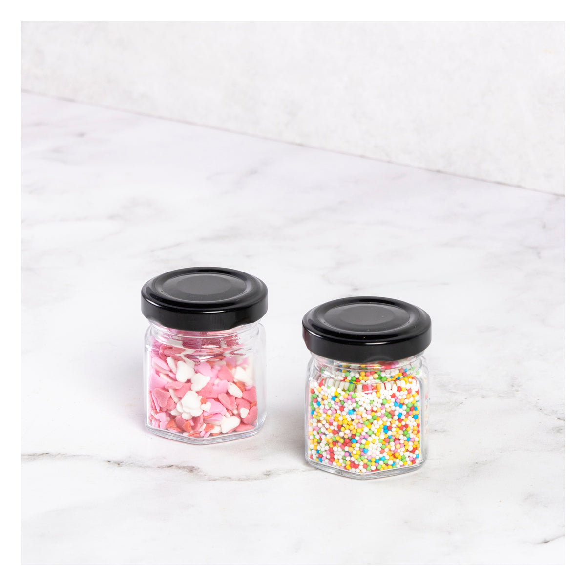 REGENT GLASS HEXAGONAL JARS WITH BLACK LIDS 12PK, 60ML