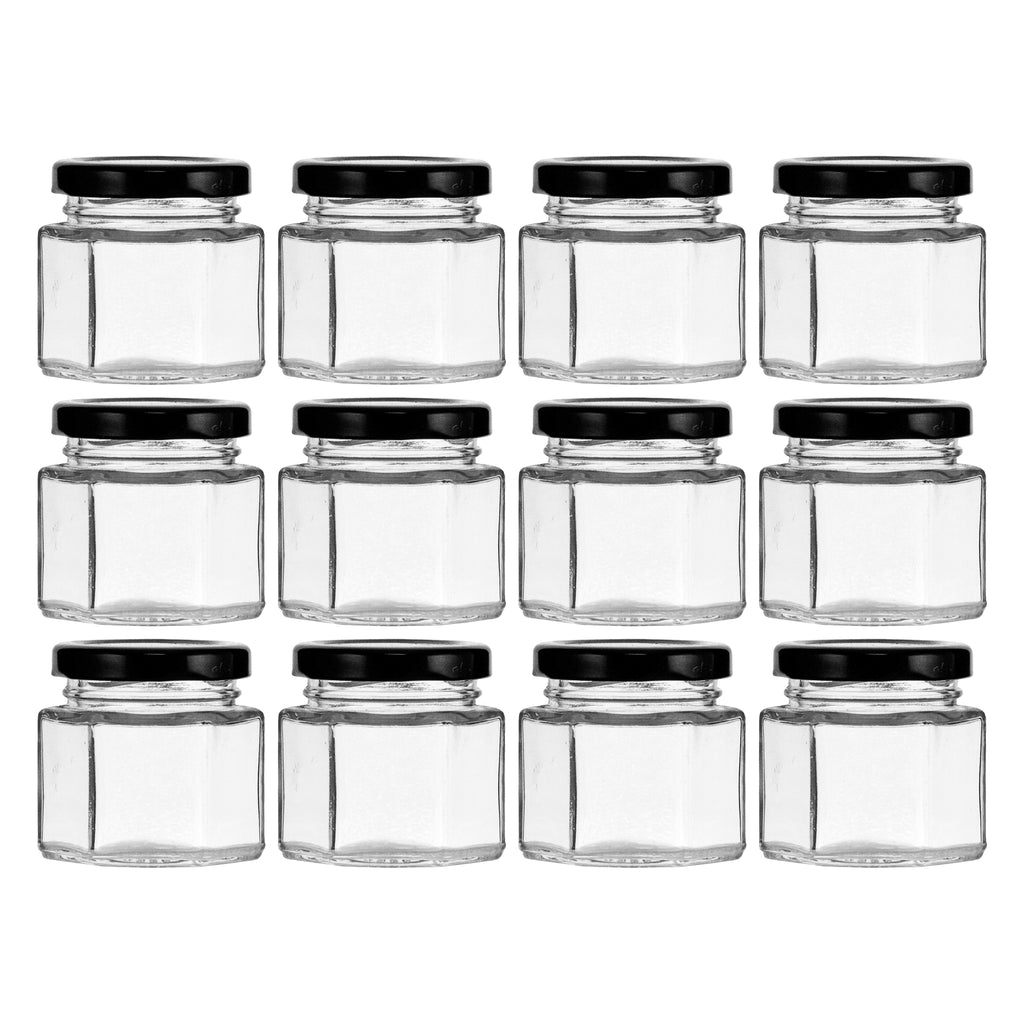 REGENT GLASS HEXAGONAL JARS WITH BLACK LIDS 12PK, 60ML