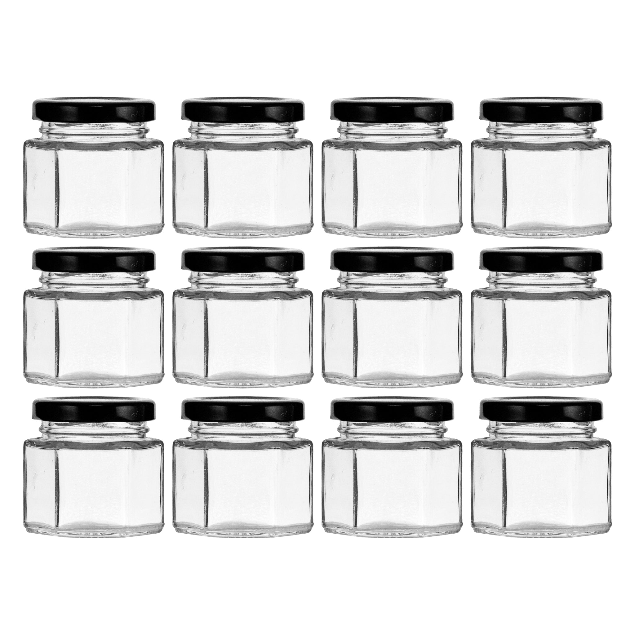 REGENT GLASS HEXAGONAL JARS WITH BLACK LIDS 12PK, 60ML