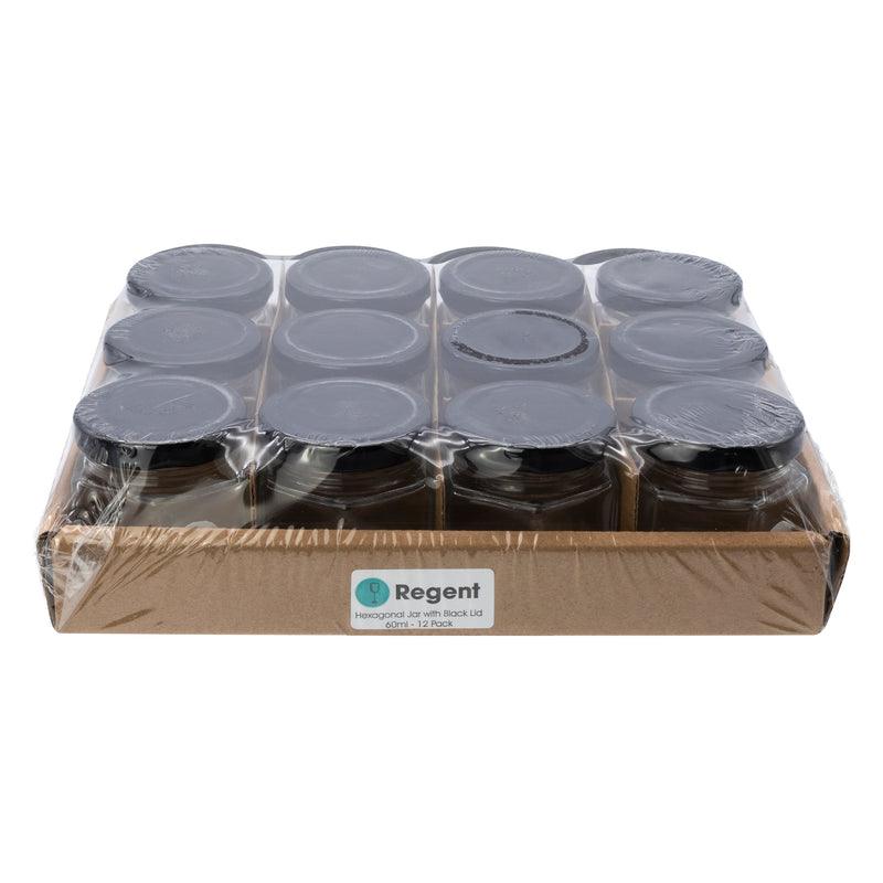 REGENT GLASS HEXAGONAL JAR WITH BLACK LID 12 PACK, 60ML