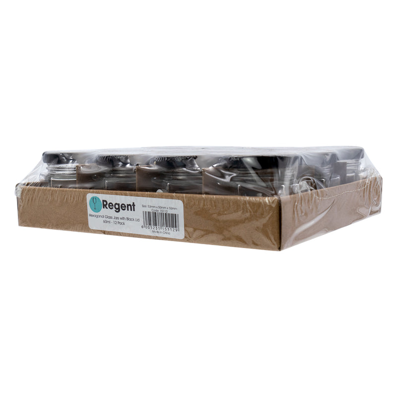 REGENT GLASS HEXAGONAL JAR WITH BLACK LID 12 PACK, 60ML