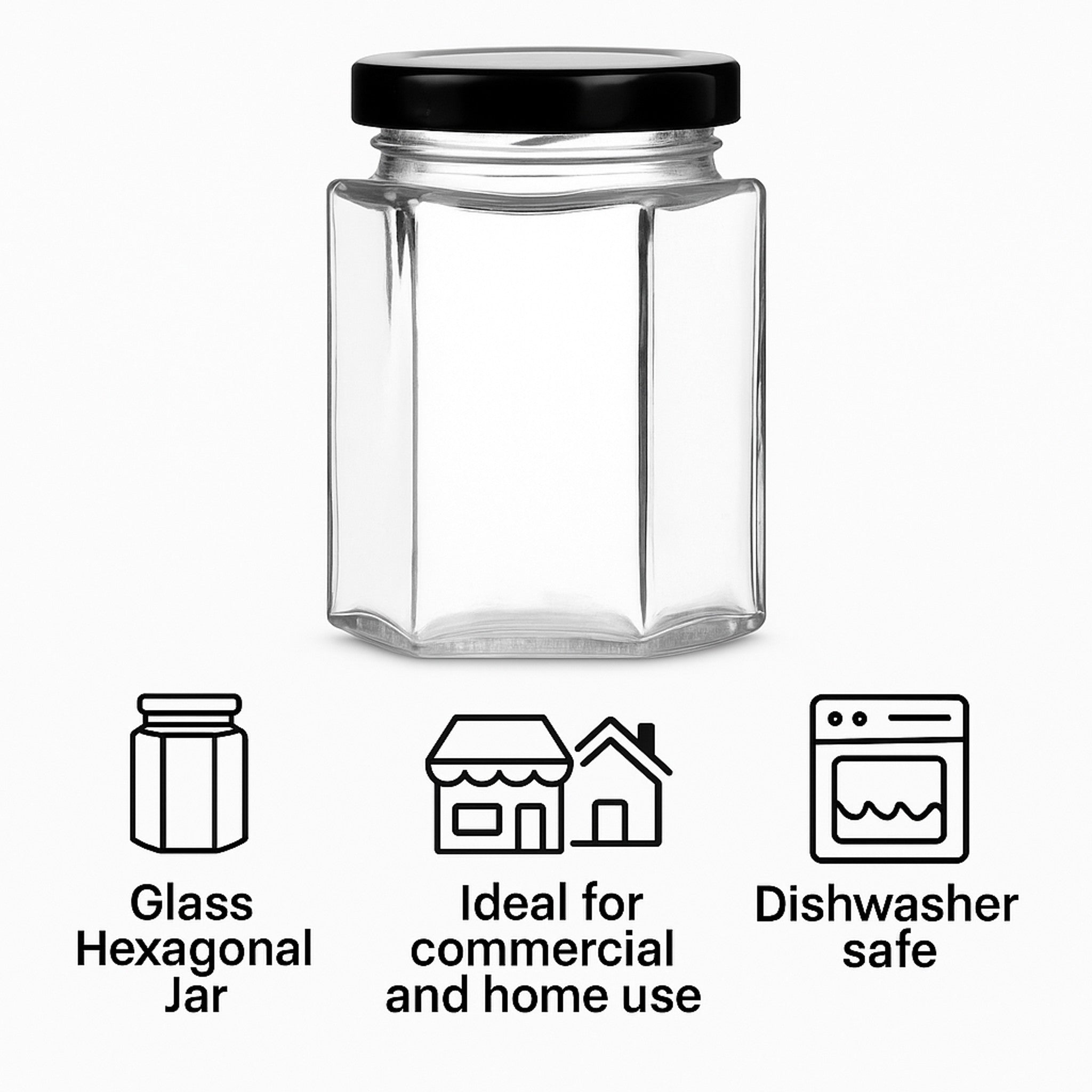 REGENT GLASS HEXAGONAL JARS WITH BLACK LIDS 6PK, 730ML