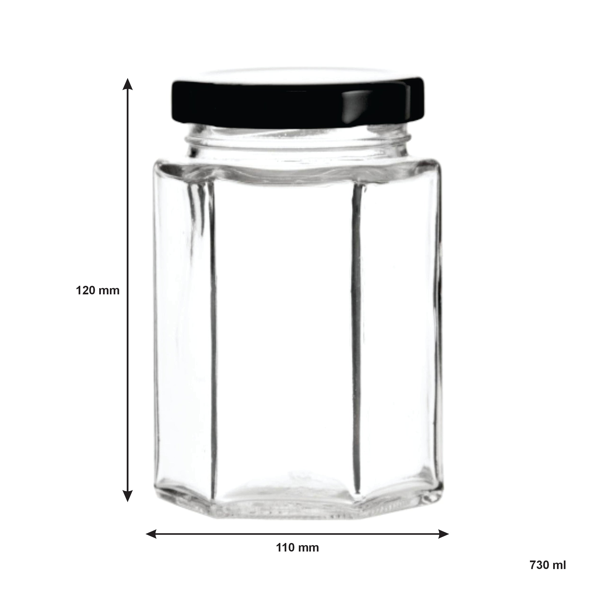 REGENT GLASS HEXAGONAL JARS WITH BLACK LIDS 6PK, 730ML