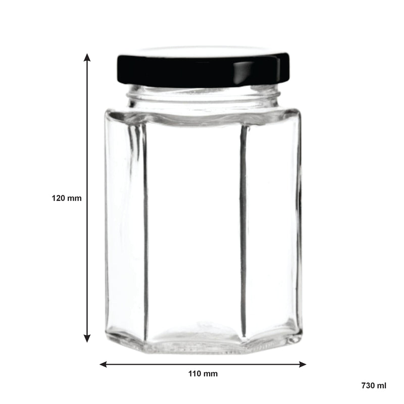 REGENT GLASS HEXAGONAL JAR WITH BLACK LID 6 PACK, 730ML