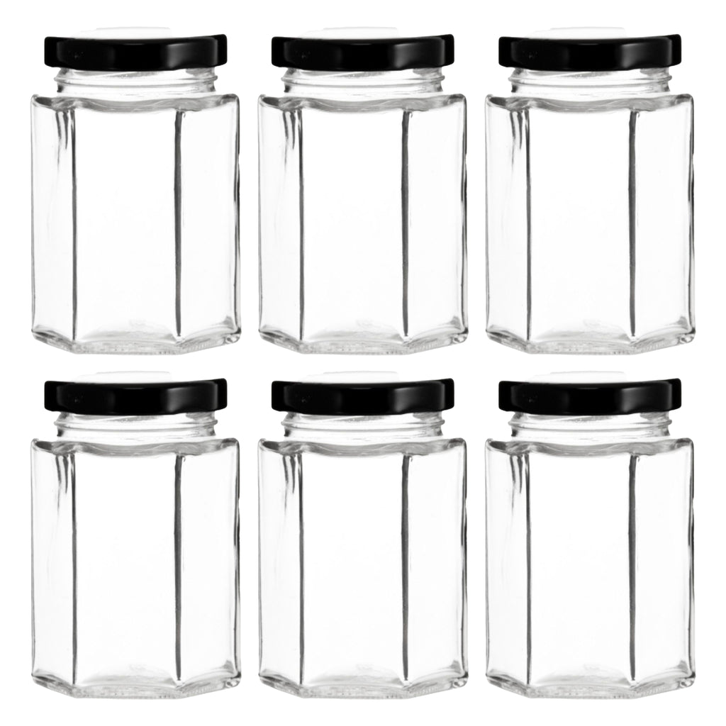 REGENT GLASS HEXAGONAL JARS WITH BLACK LIDS 6PK, 730ML
