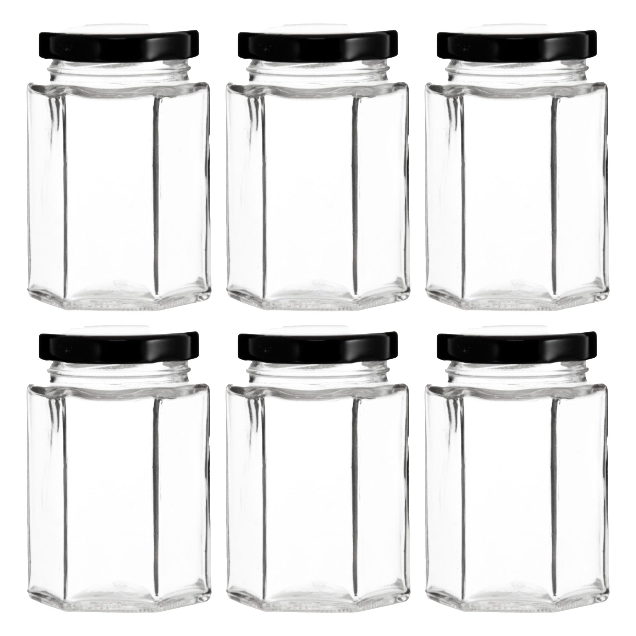 REGENT GLASS HEXAGONAL JARS WITH BLACK LIDS 6PK, 730ML